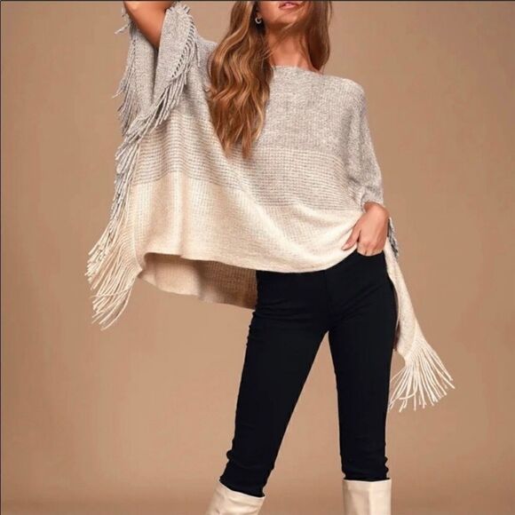 NWOT GENTLE Fawn Tristan Sweater Poncho Fringe Grey Gray Cream OS - Picture 1 of 9